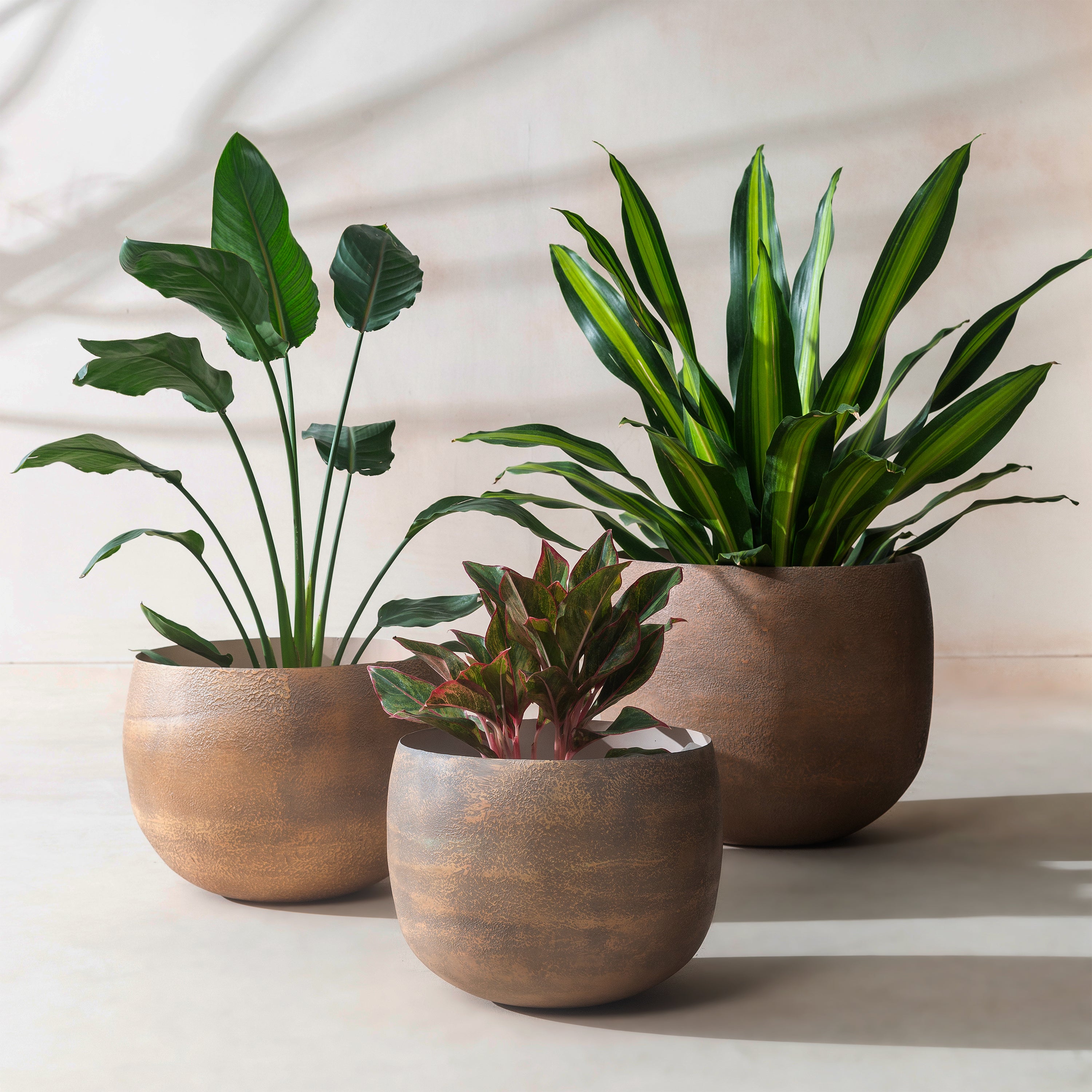 Eden Mousse Round Metal Planters Handmade & Lightweight, Outdoor with – Fab  Habitat