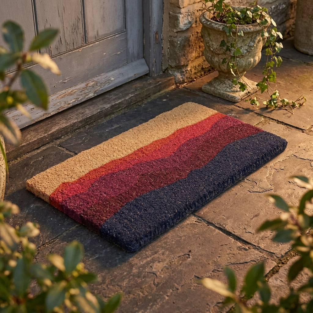 Shades of Dawn Doormat in front of blue door on stone patio