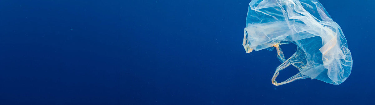 Plastic bag drifting underwater, showing how recycled rugs help keep plastic from the sea