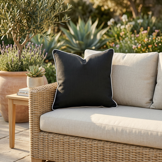 East Green Outdoor Pillow, lifestyle patio scene with pillow