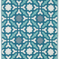 Full view of blue and teal geometric tile outdoor rug