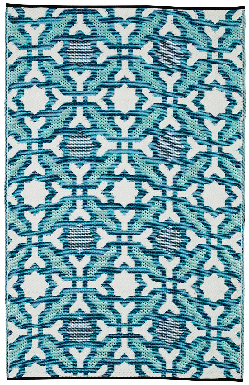 Full view of blue and teal geometric tile outdoor rug