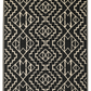 Full view of black and cream tribal outdoor rug with black center