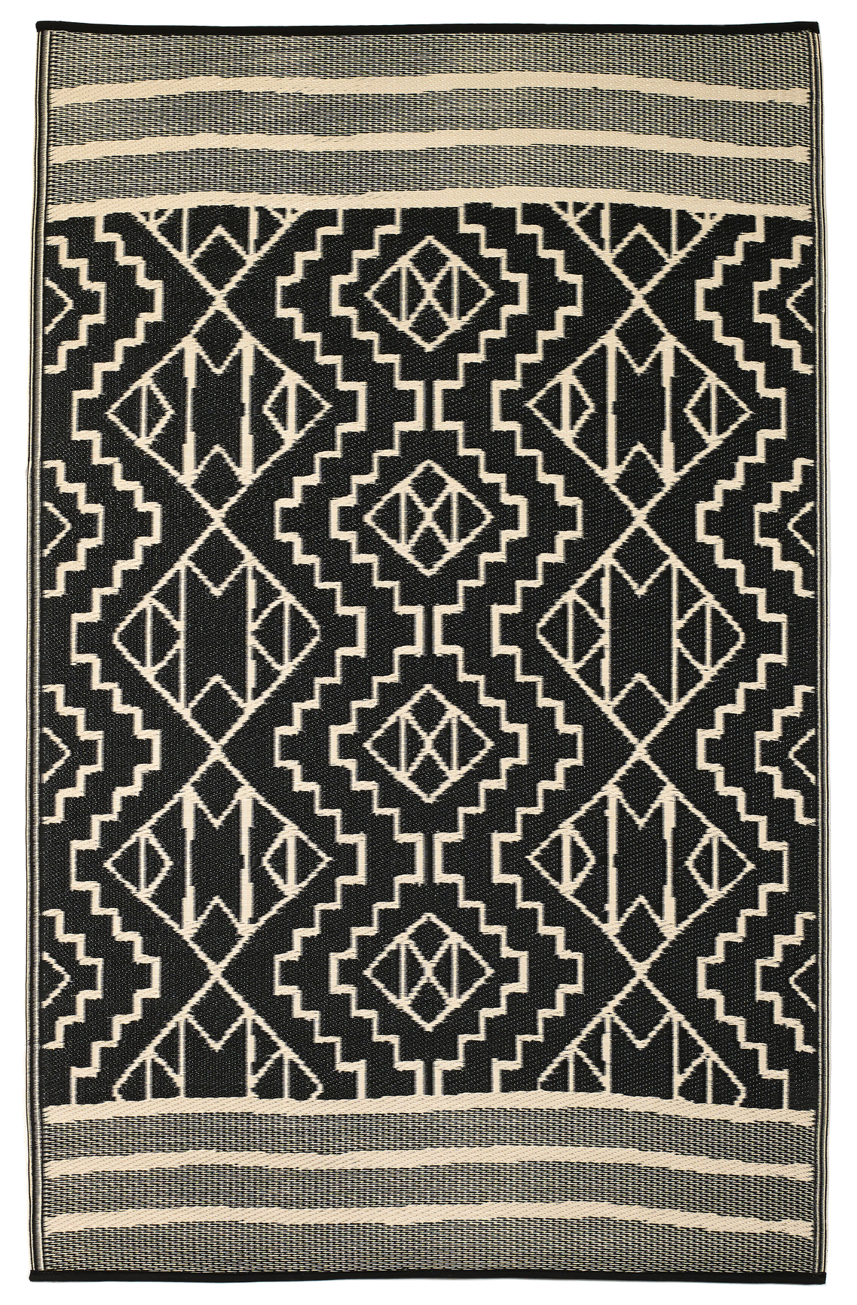 Full view of black and cream tribal outdoor rug with black center