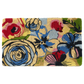 Full view of thick coir doormat with bold red, blue and pink painted flowers