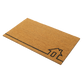 Angled view of non-slip natural coir doormat with black line-drawn house outline