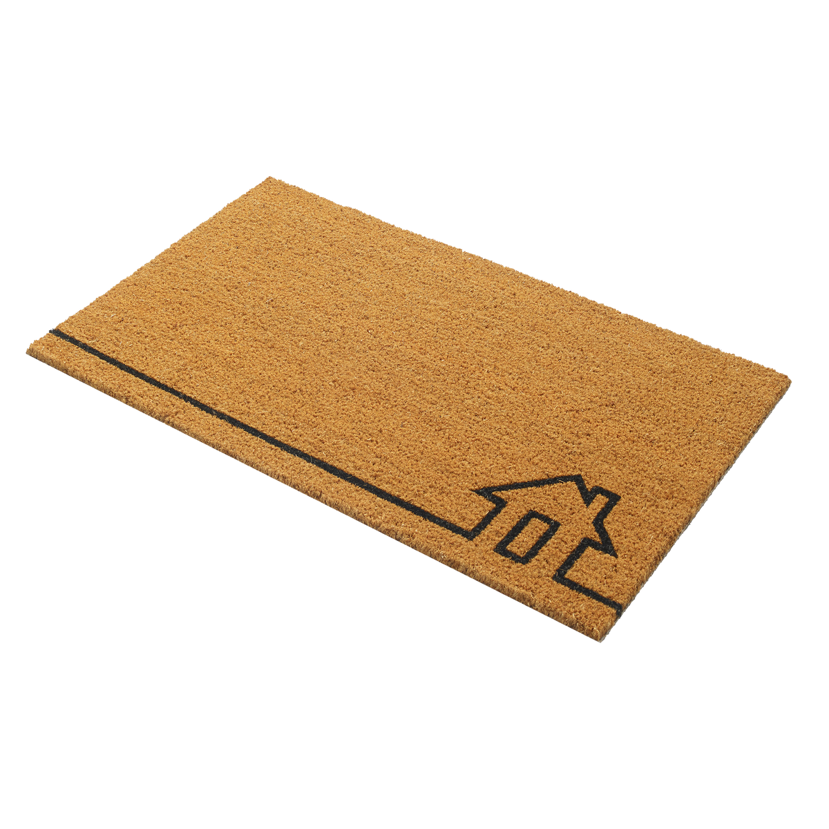 Angled view of non-slip natural coir doormat with black line-drawn house outline