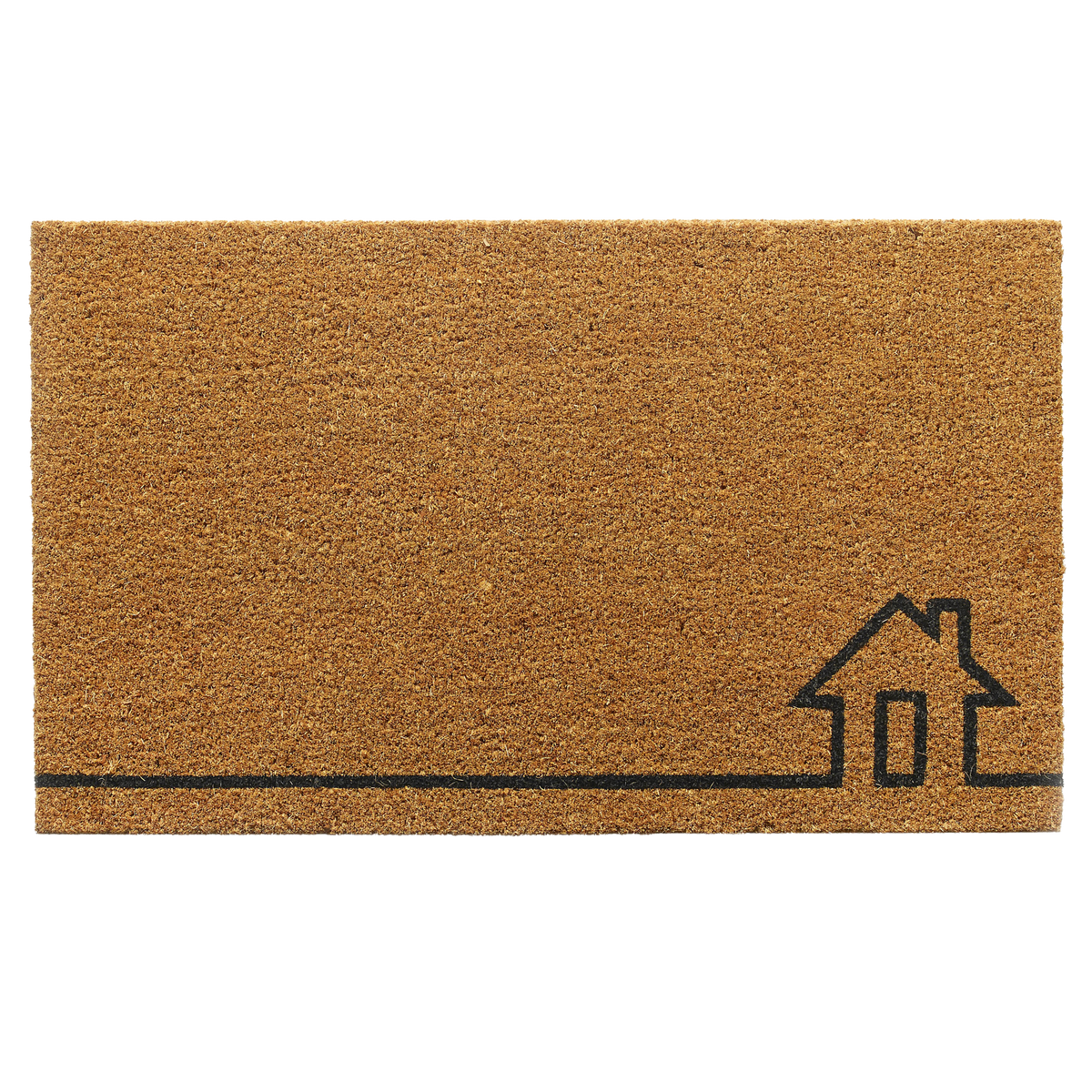 Full view of non-slip natural coir doormat with black line-drawn house outline