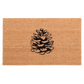 Full view of low-profile natural coir doormat with centered black pine cone