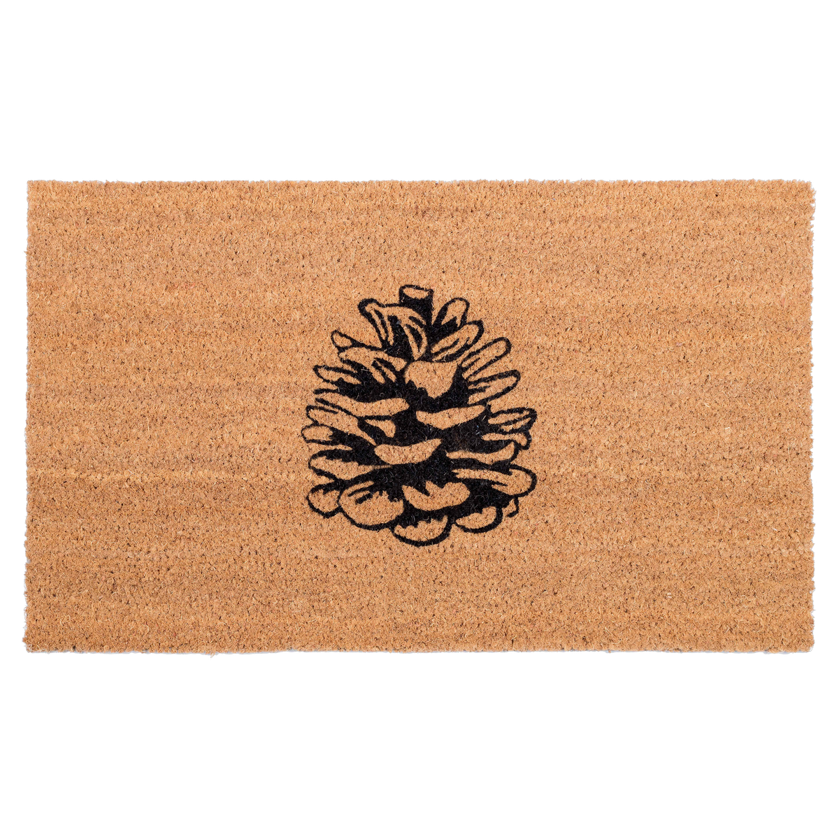 Full view of low-profile natural coir doormat with centered black pine cone