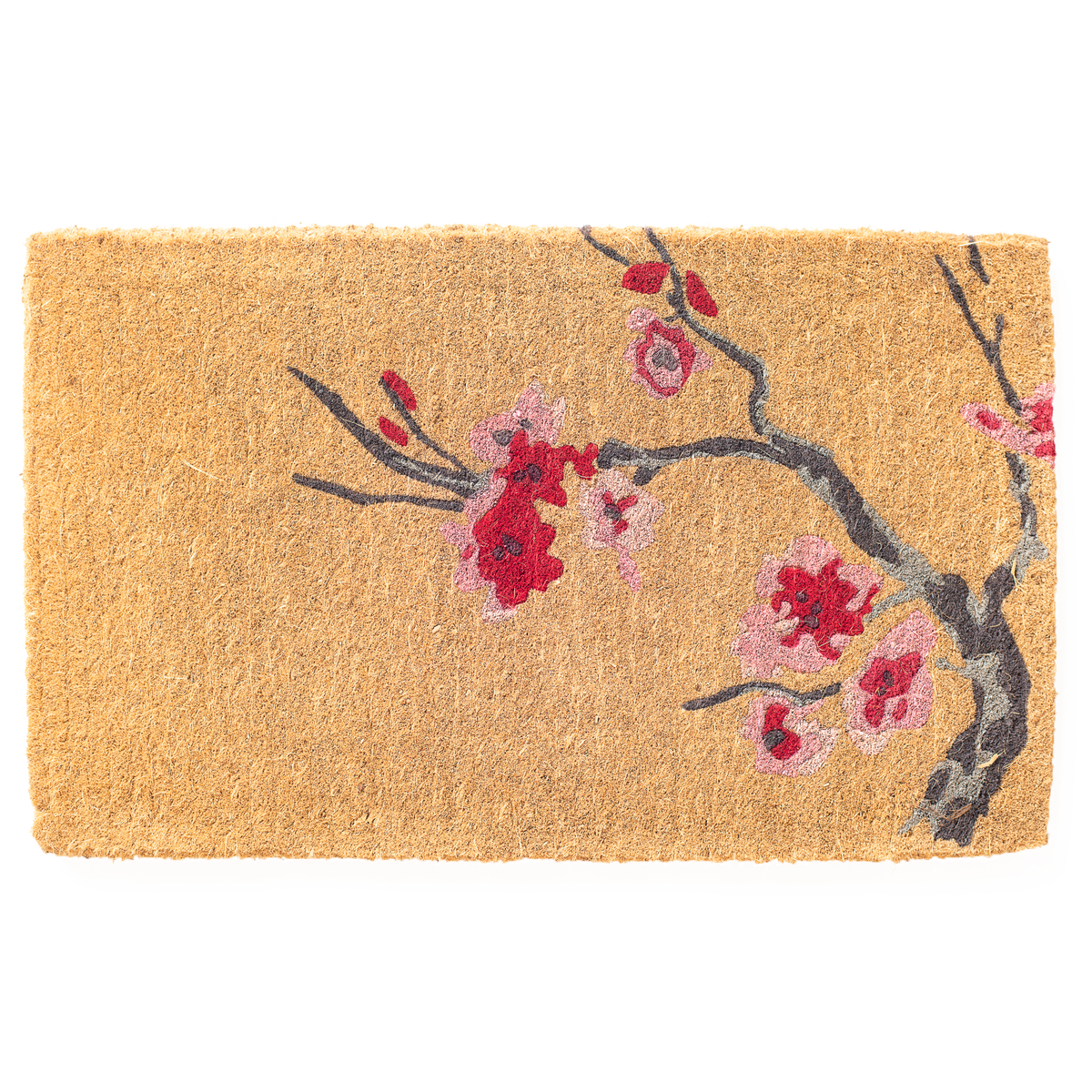 Full view of thick natural coir doormat with red and pink cherry blossom branch