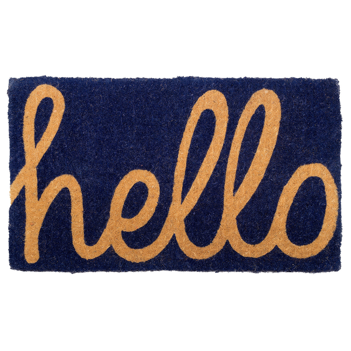 Cursive Hello Dark Blue Doormat, flat product shot, alternate angle