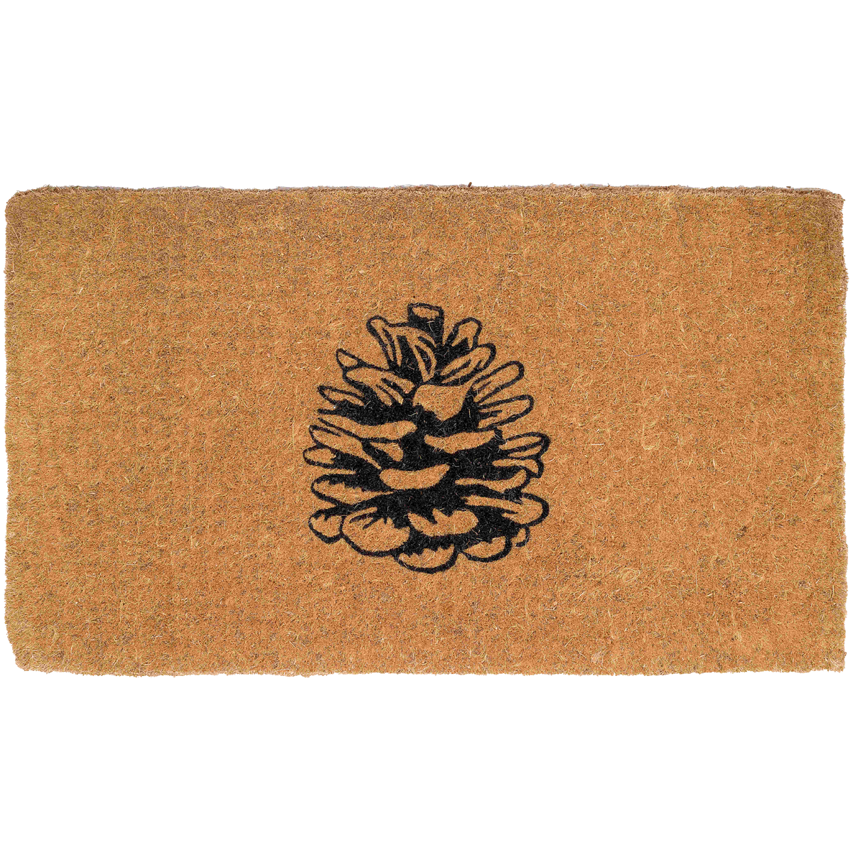 Full view of natural coir doormat with black pine cone print