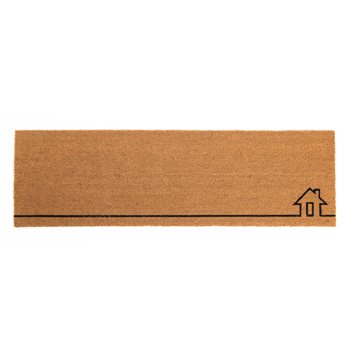 Full view of long natural coir doormat with black line-drawn house outline