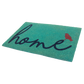 Angled view of large teal coir doormat with cursive navy 'home' and red bird