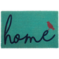 Full view of large teal coir doormat with cursive navy 'home' and red bird