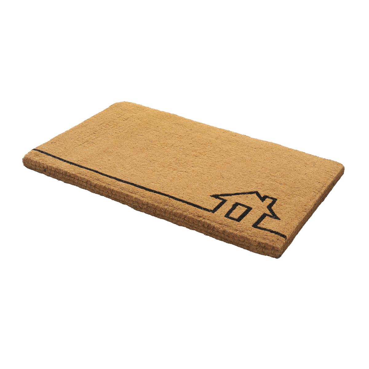 Angled view of large natural coir doormat with black line-drawn house outline