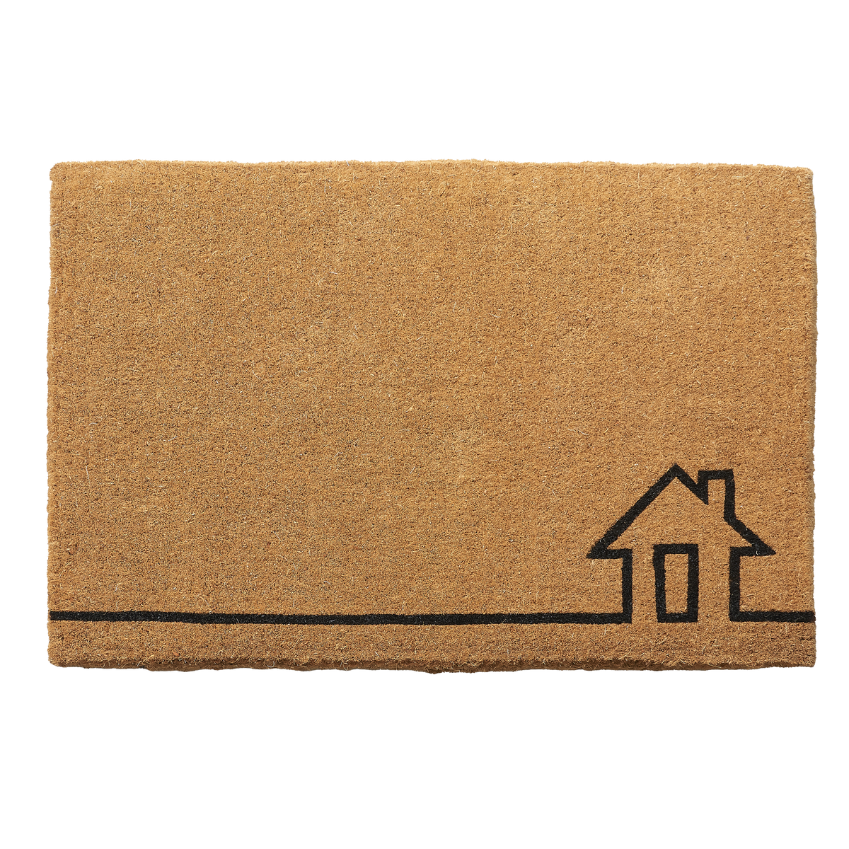 Full view of large natural coir doormat with black line-drawn house outline