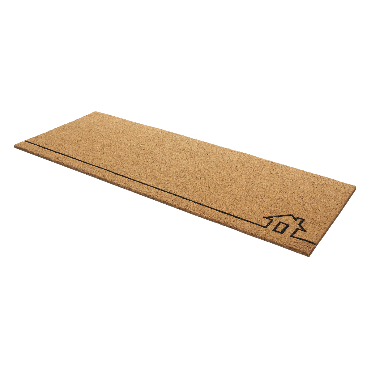 Angled view of wide natural coir doormat with black line-drawn house outline
