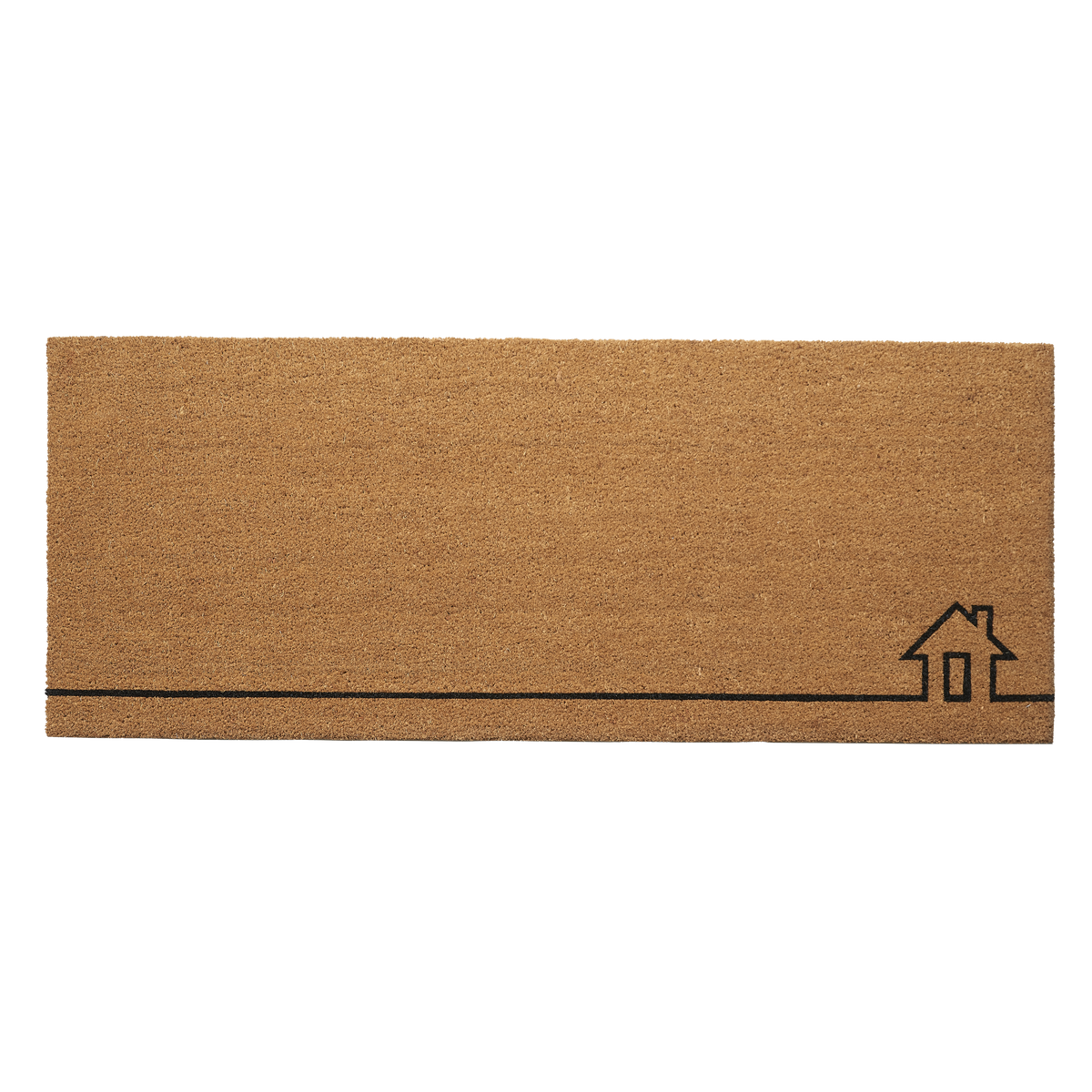 Full view of wide natural coir doormat with black line-drawn house outline