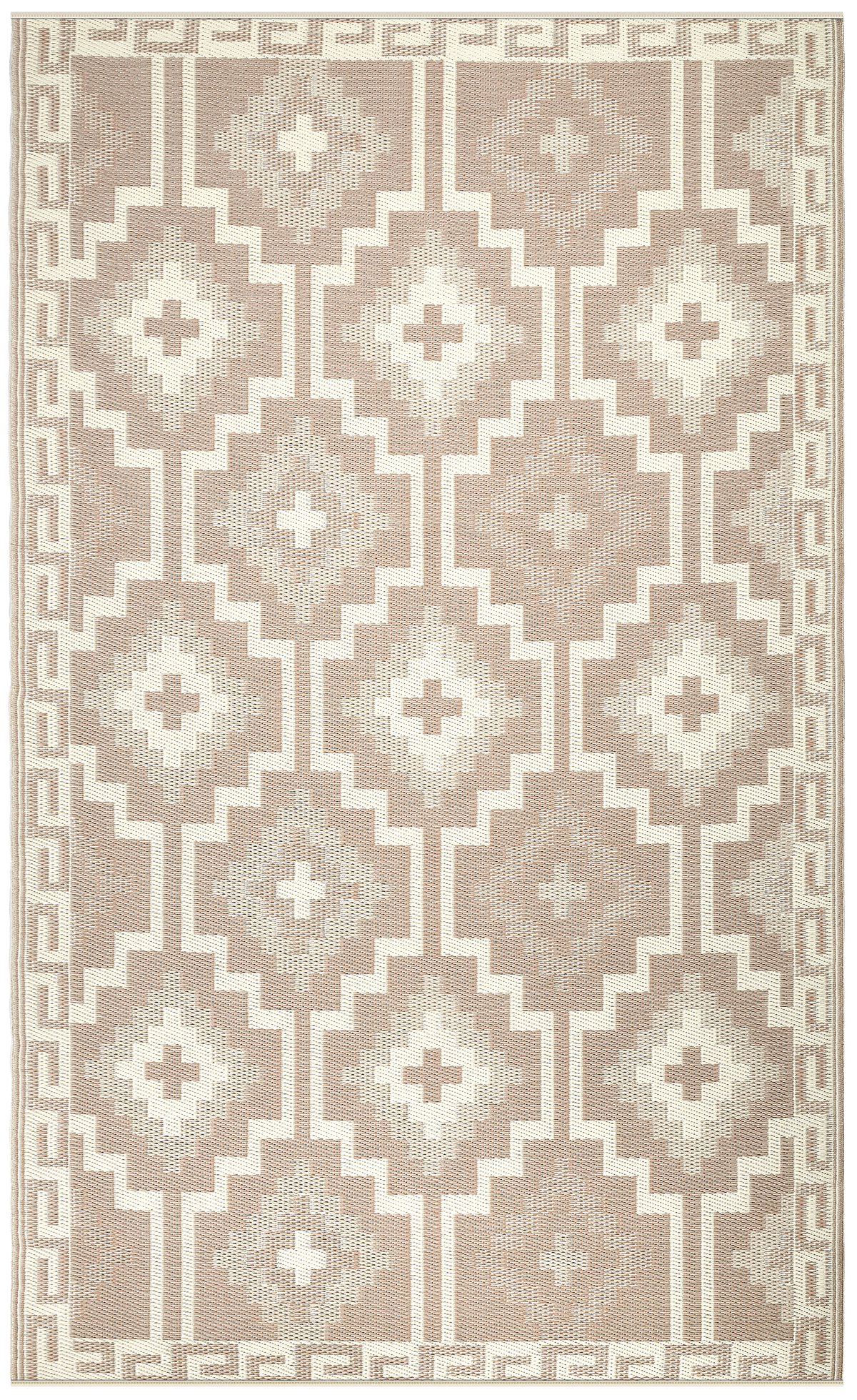 Reverse side of mocha diamond outdoor rug with cream background