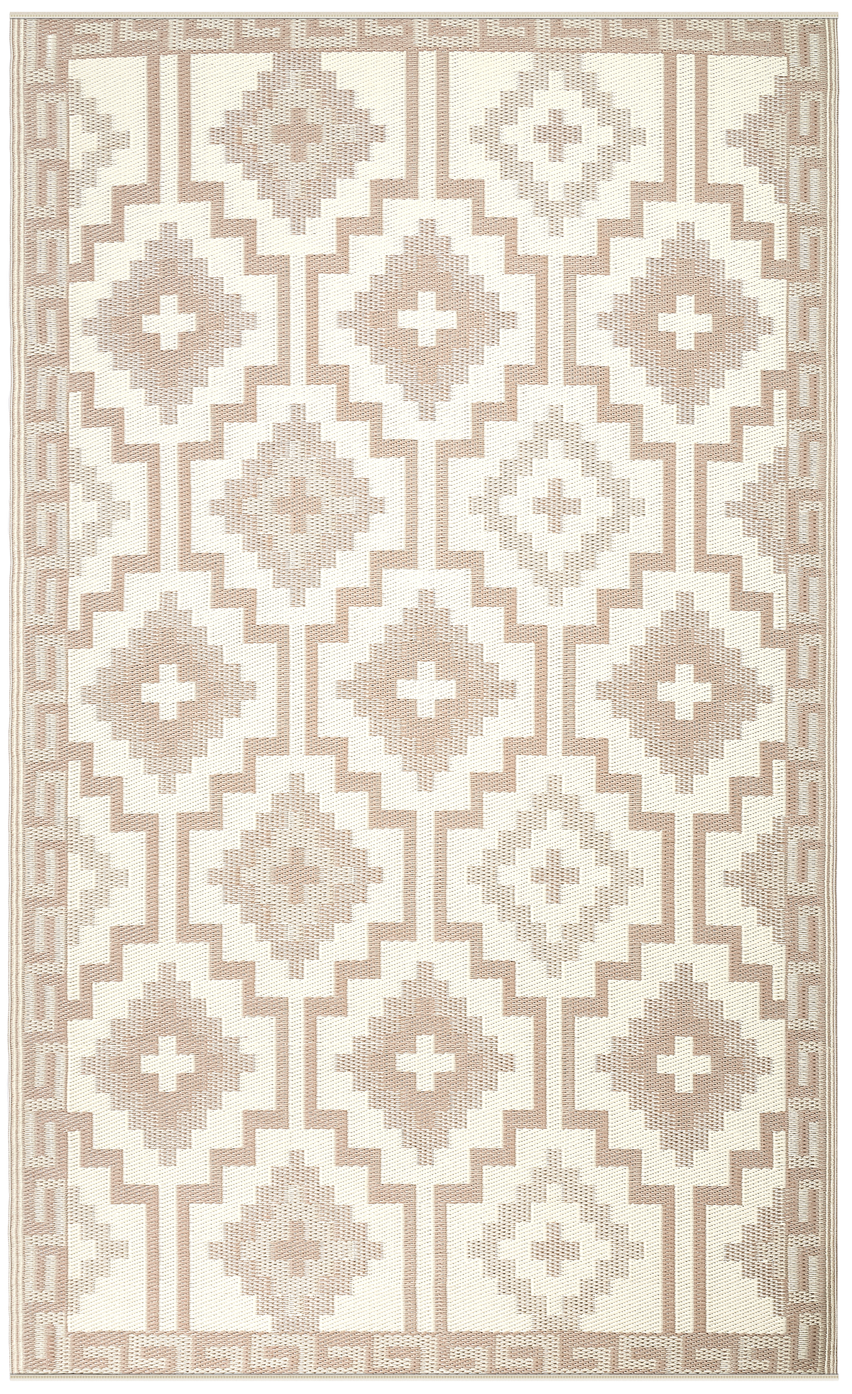 Full view of mocha diamond outdoor rug laid flat