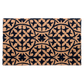 Full view of large coir doormat with navy blue tile pattern
