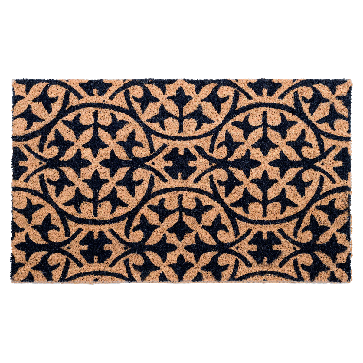 Full view of large coir doormat with navy blue tile pattern