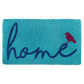 Full view of teal coir doormat with cursive navy 'home' and red bird