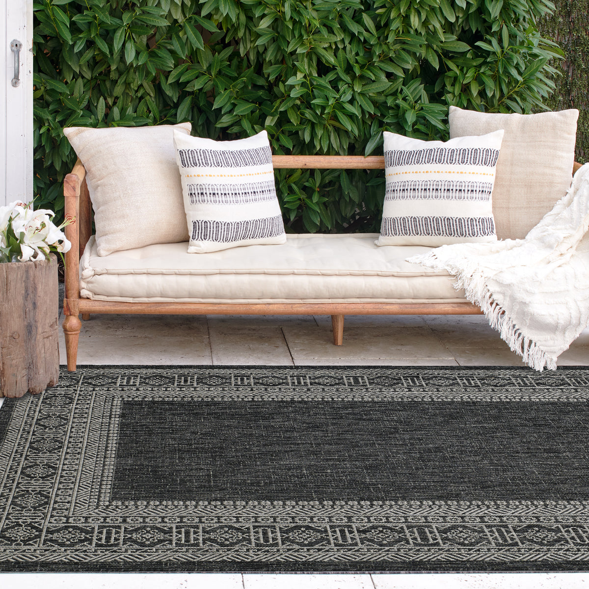 Charcoal Outdoor Rug, lifestyle patio scene