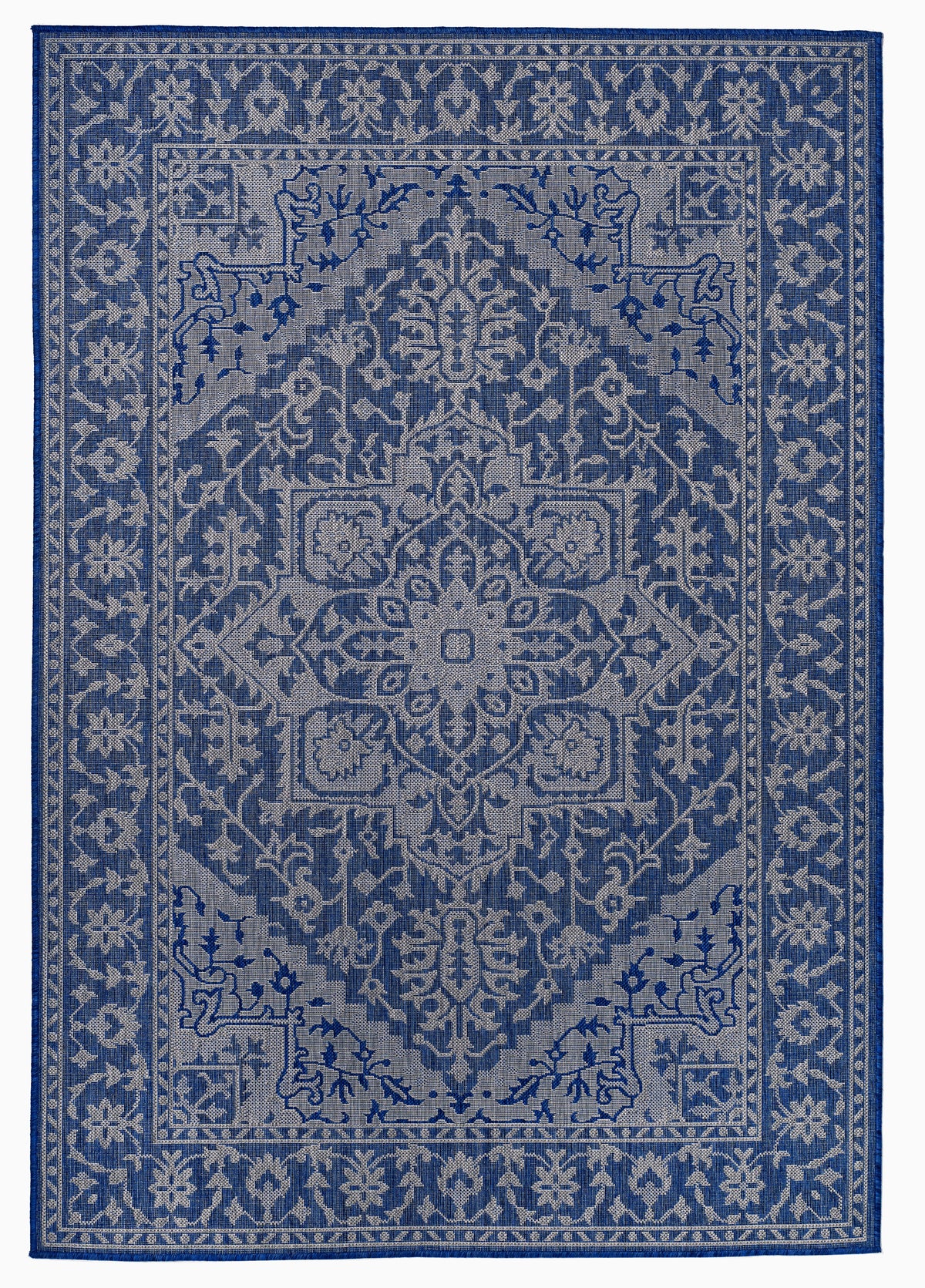 Full view of navy and gray medallion outdoor rug