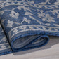 Corner close-up of rolled navy and gray medallion outdoor rug showing flat weave