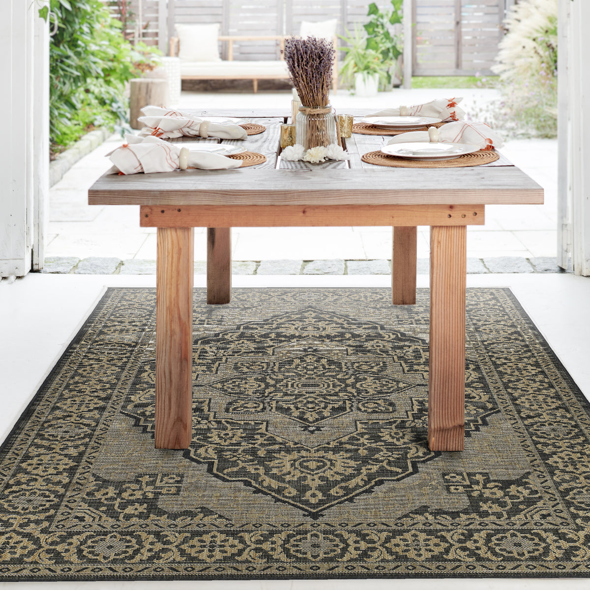 Charcoal Outdoor Rug, lifestyle patio scene
