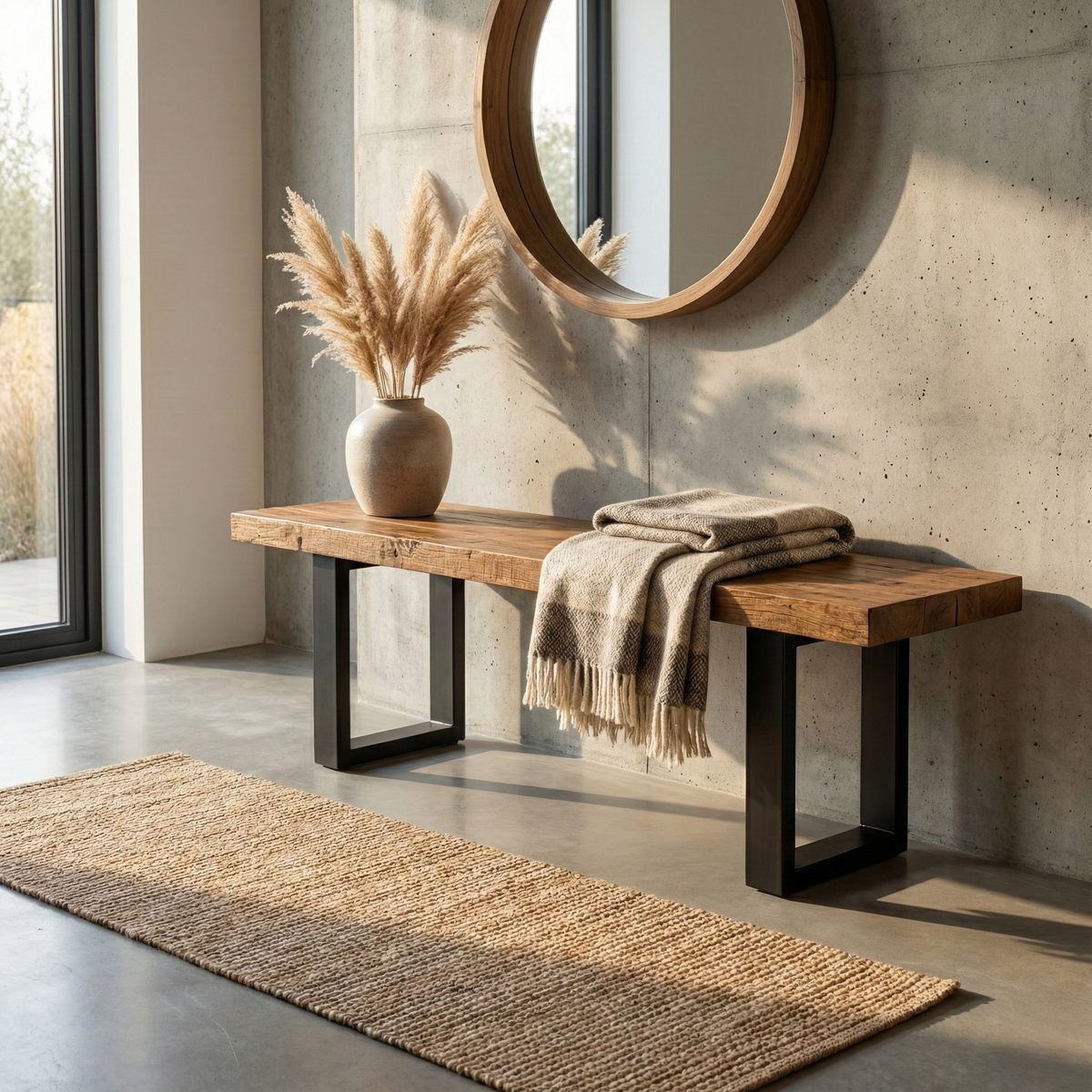 Walnut Bench, lifestyle room scene, Walnut tones