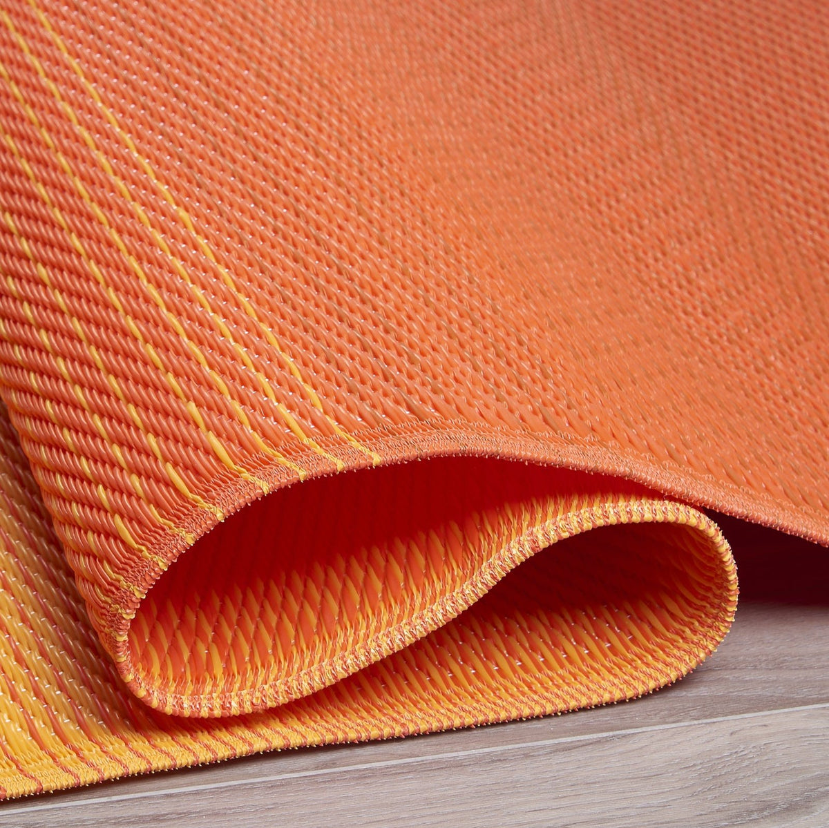 Teal Outdoor Rug, close-up of pile texture, Sunset tones