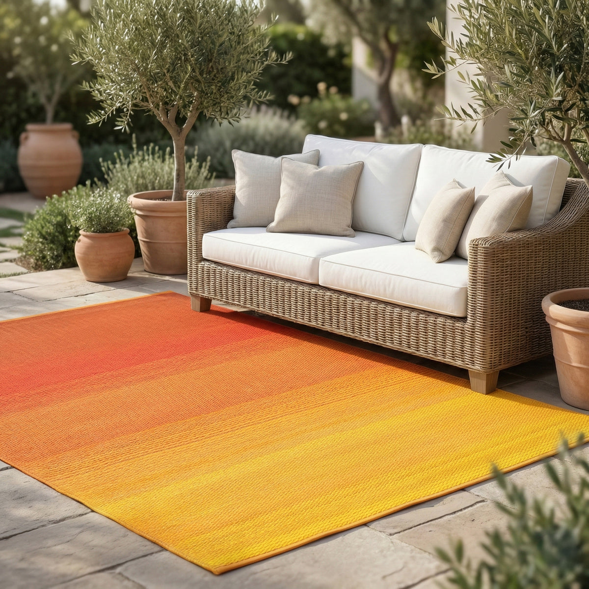 Teal Outdoor Rug, flat product shot of full pattern, Sunset tones