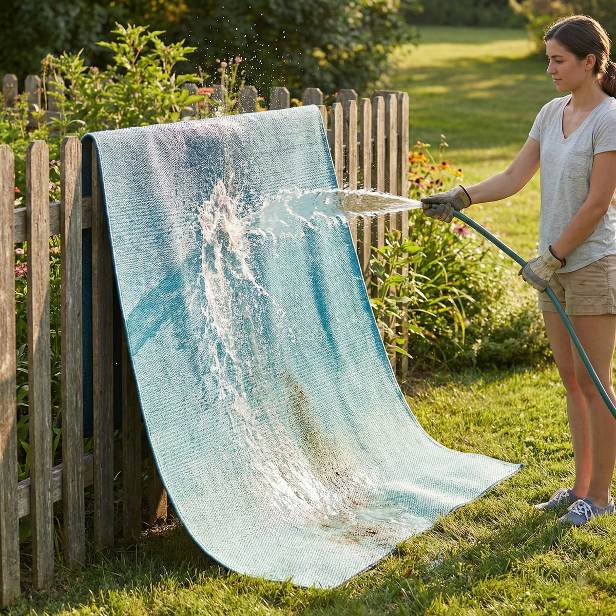 Teal Outdoor Rug, hose rinse cleaning demo