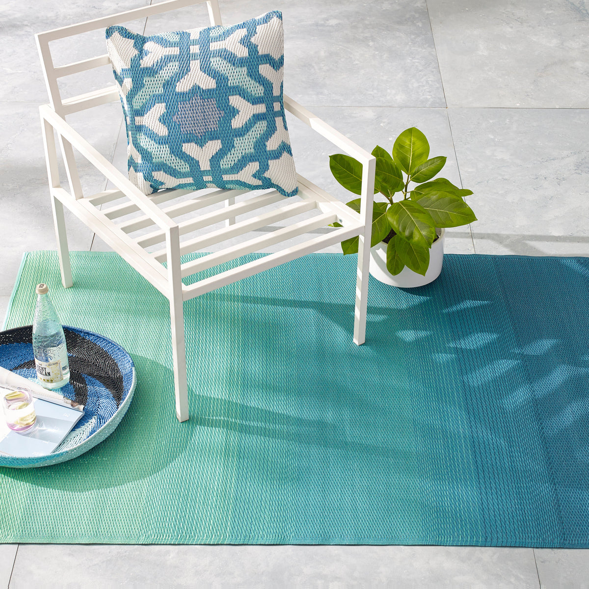 Teal Outdoor Rug, lifestyle patio scene