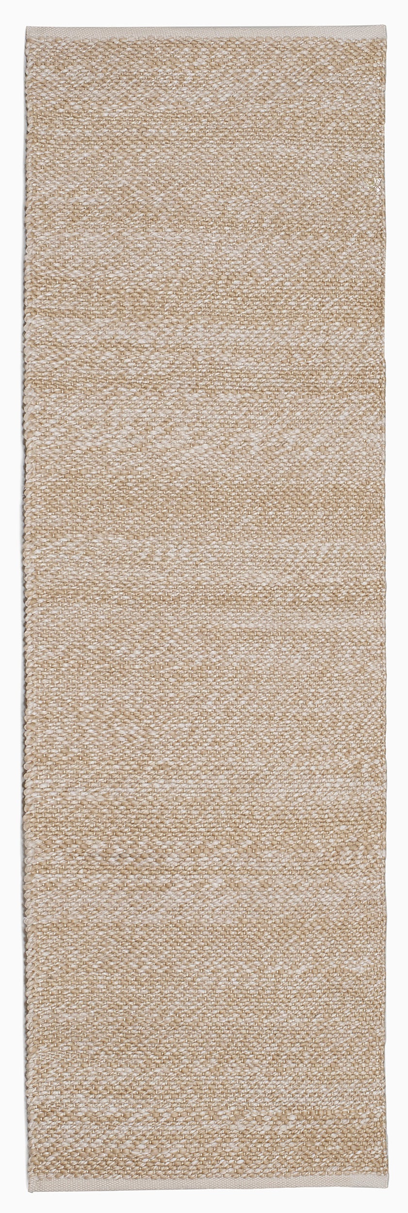 Full view of sand woven indoor outdoor rug in runner size
