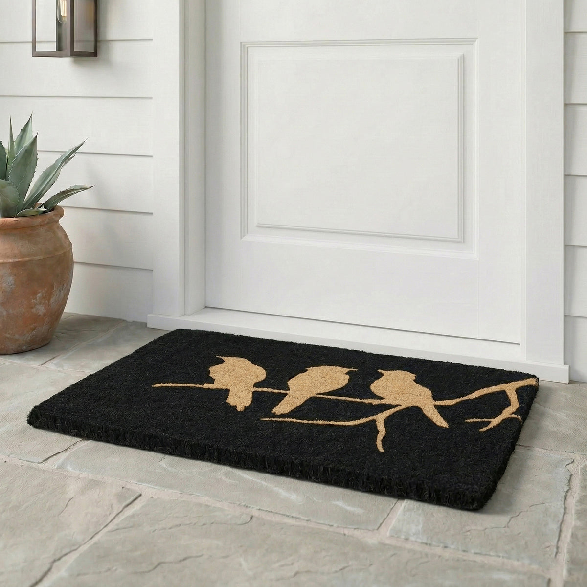 Birds On Branch Black Doormat, flat product shot