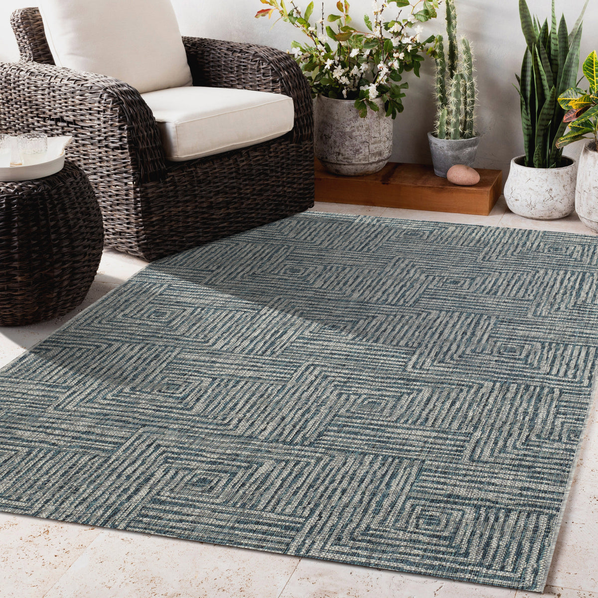 Aqua Outdoor Rug, lifestyle patio scene, alternate angle