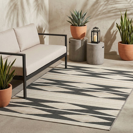 Natural & Black Outdoor Rug, lifestyle patio scene