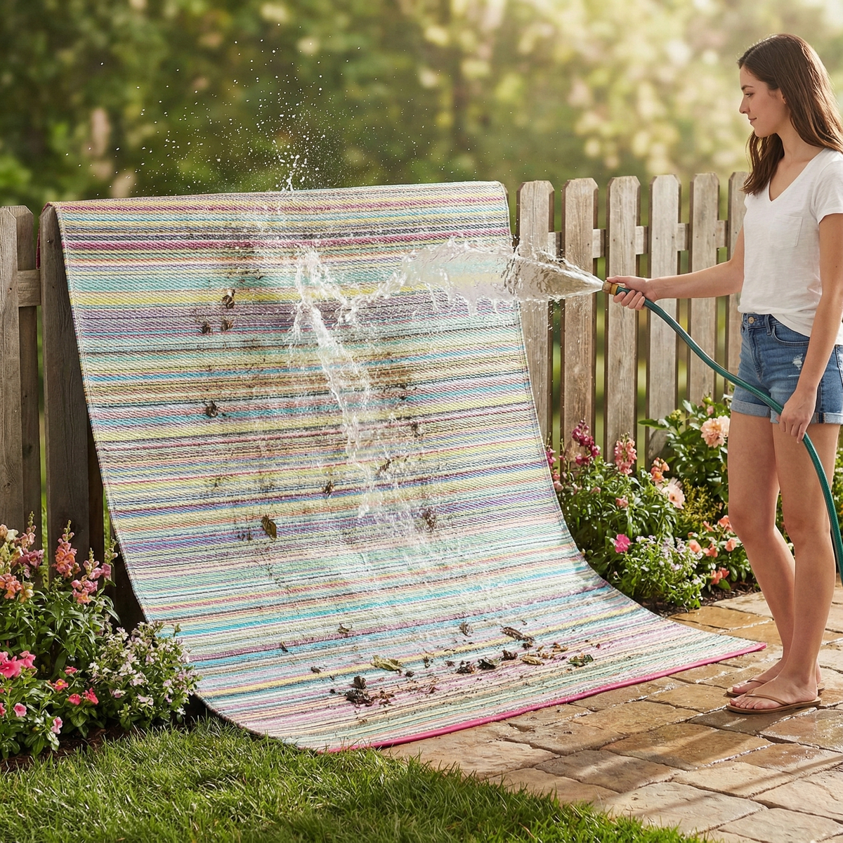 Turquoise Outdoor Rug, hose rinse cleaning demo, Candy tones