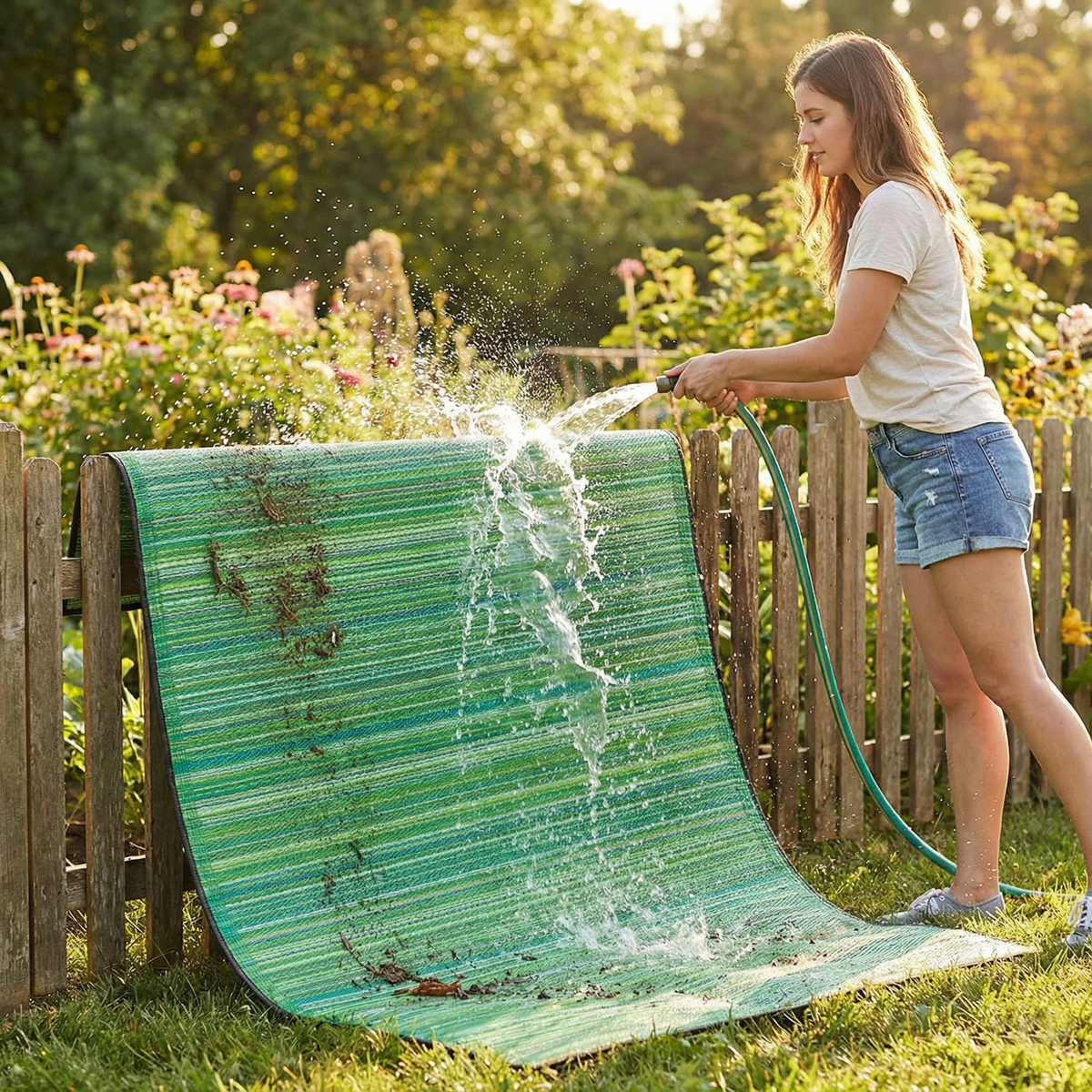 Turquoise Outdoor Rug, hose rinse cleaning demo, Green tones