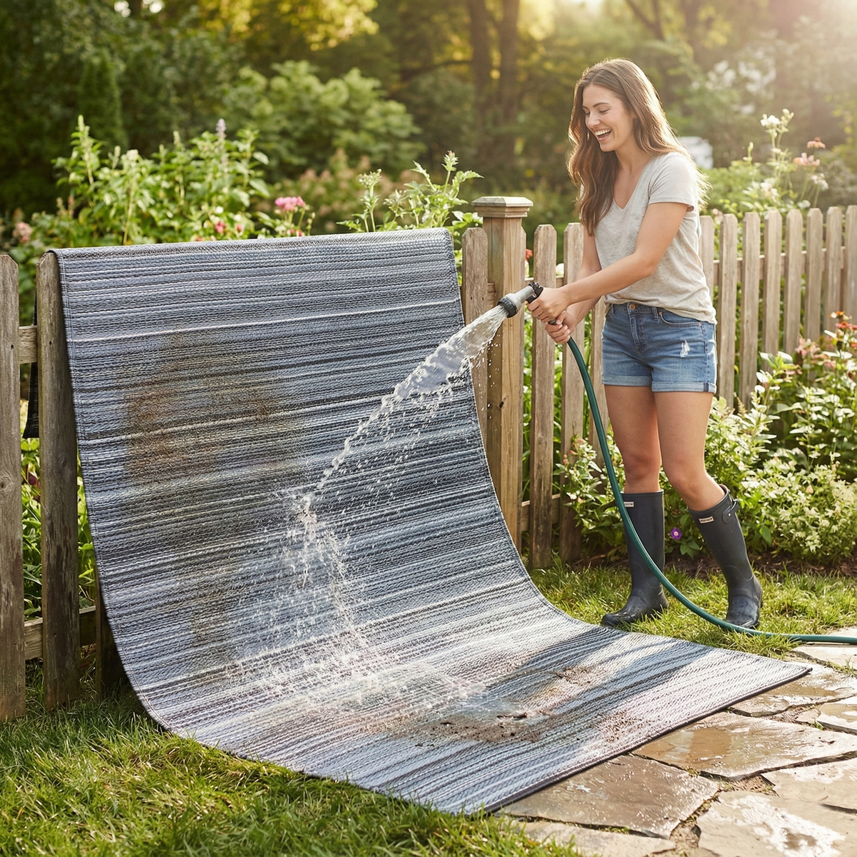 Turquoise Outdoor Rug, hose rinse cleaning demo, Midnight tones