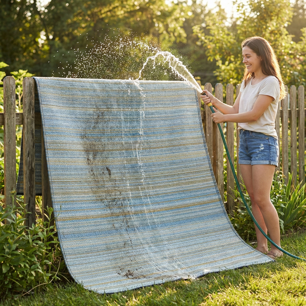 Turquoise Outdoor Rug, hose rinse cleaning demo, Blue tones