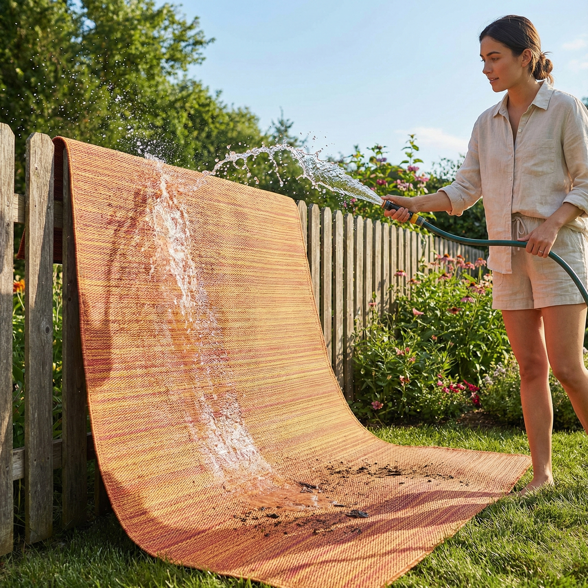 Turquoise Outdoor Rug, hose rinse cleaning demo, Terracotta tones