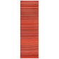 Full view of red and orange striped outdoor rug in runner size