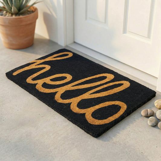Cursive Hello Black Doormat, flat product shot