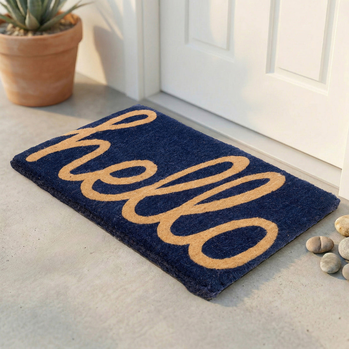 Cursive Hello Dark Blue Doormat, flat product shot